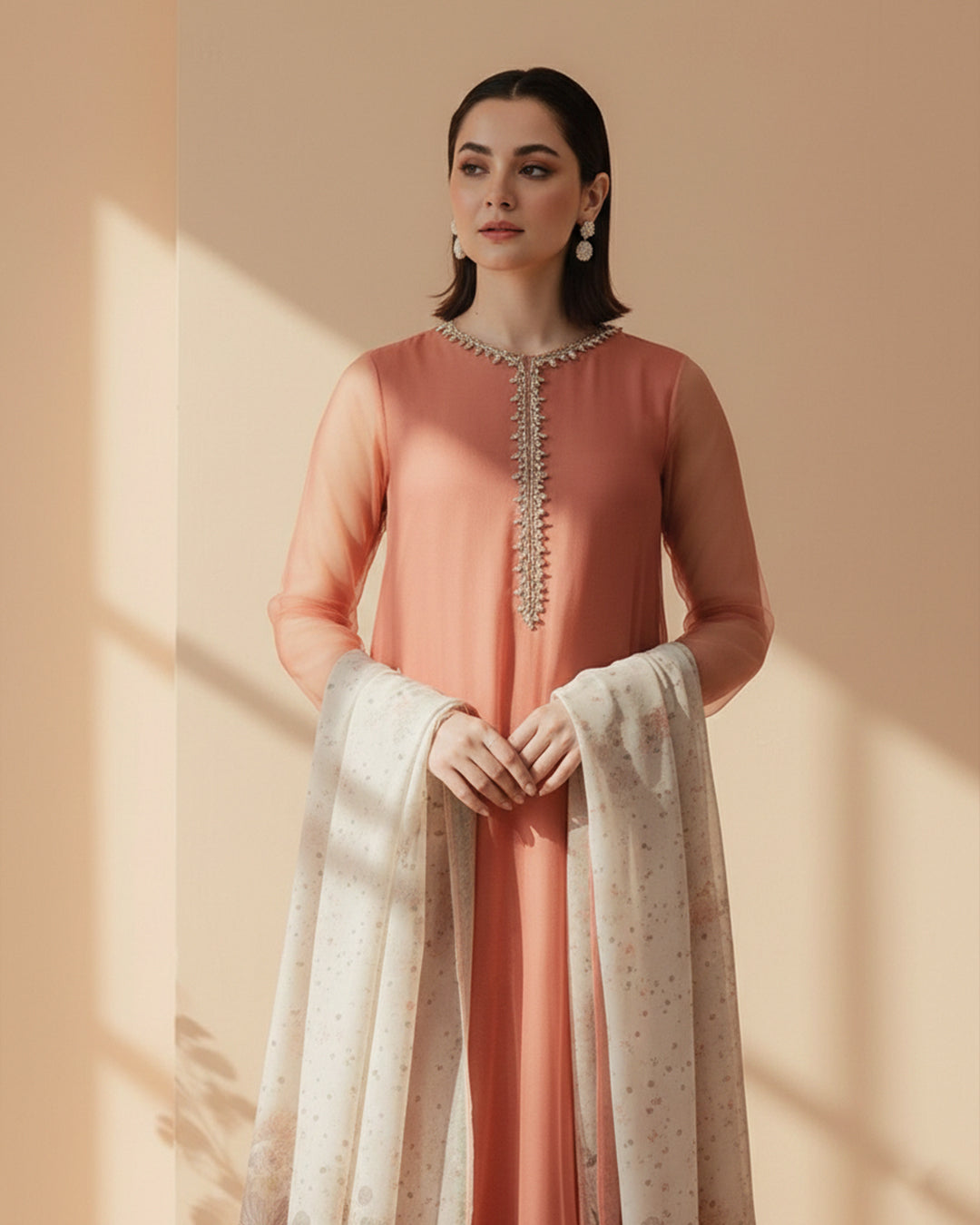 Embellished Peach Silk Suit