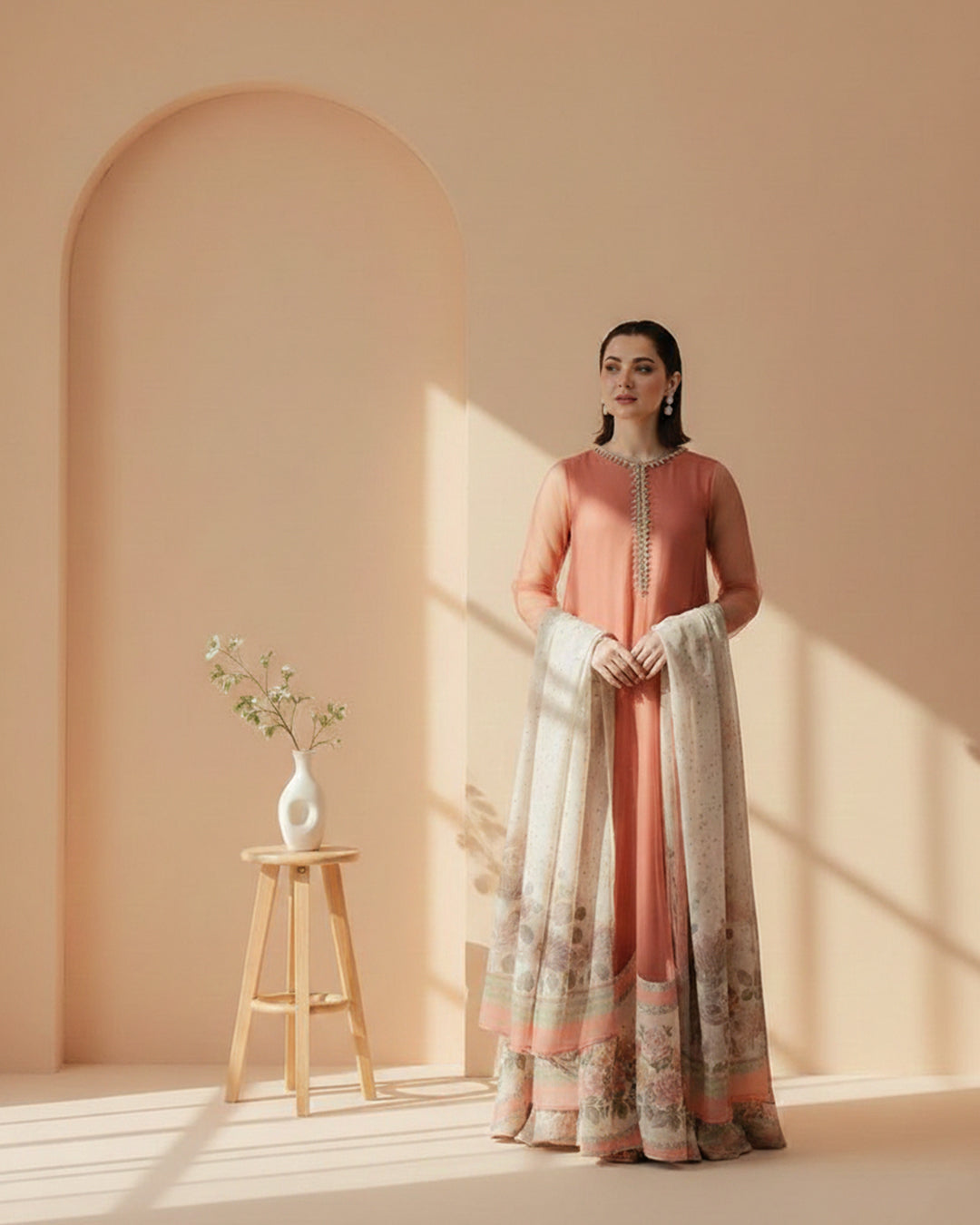 Embellished Peach Silk Suit