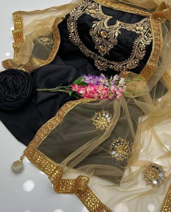 Katan Silk Real Mirror Work Embroidery , 3Pc UnStitched Dress.