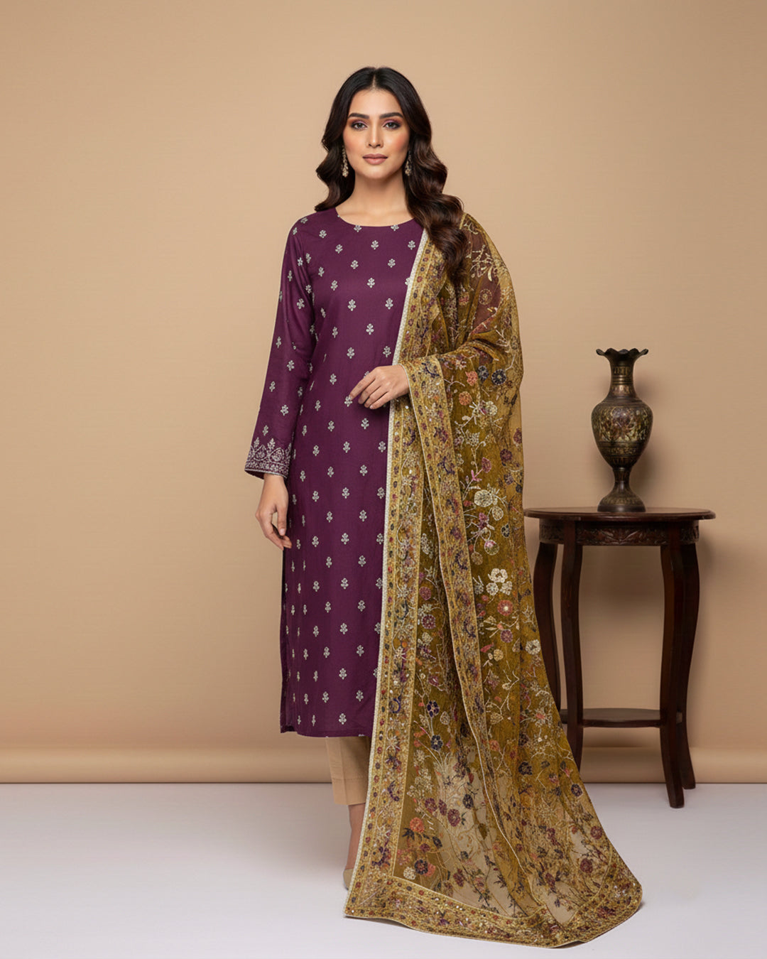 Luxury Shamoz Silk Zari Tilla Embroidered 3-Piece Suit