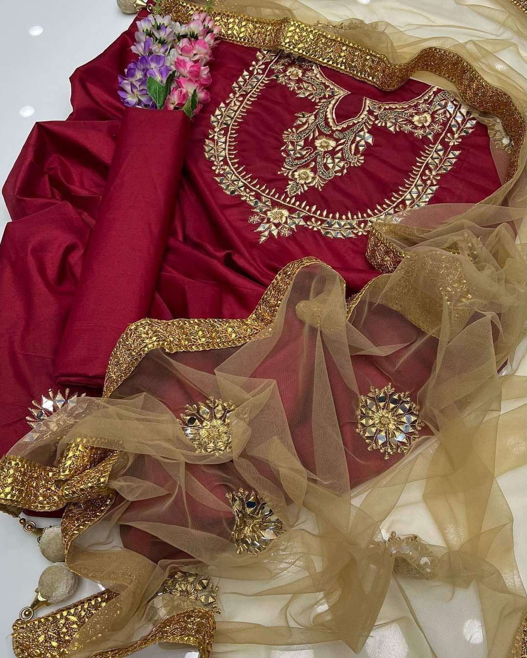 Katan Silk Real Mirror Work Embroidery , 3Pc UnStitched Dress.