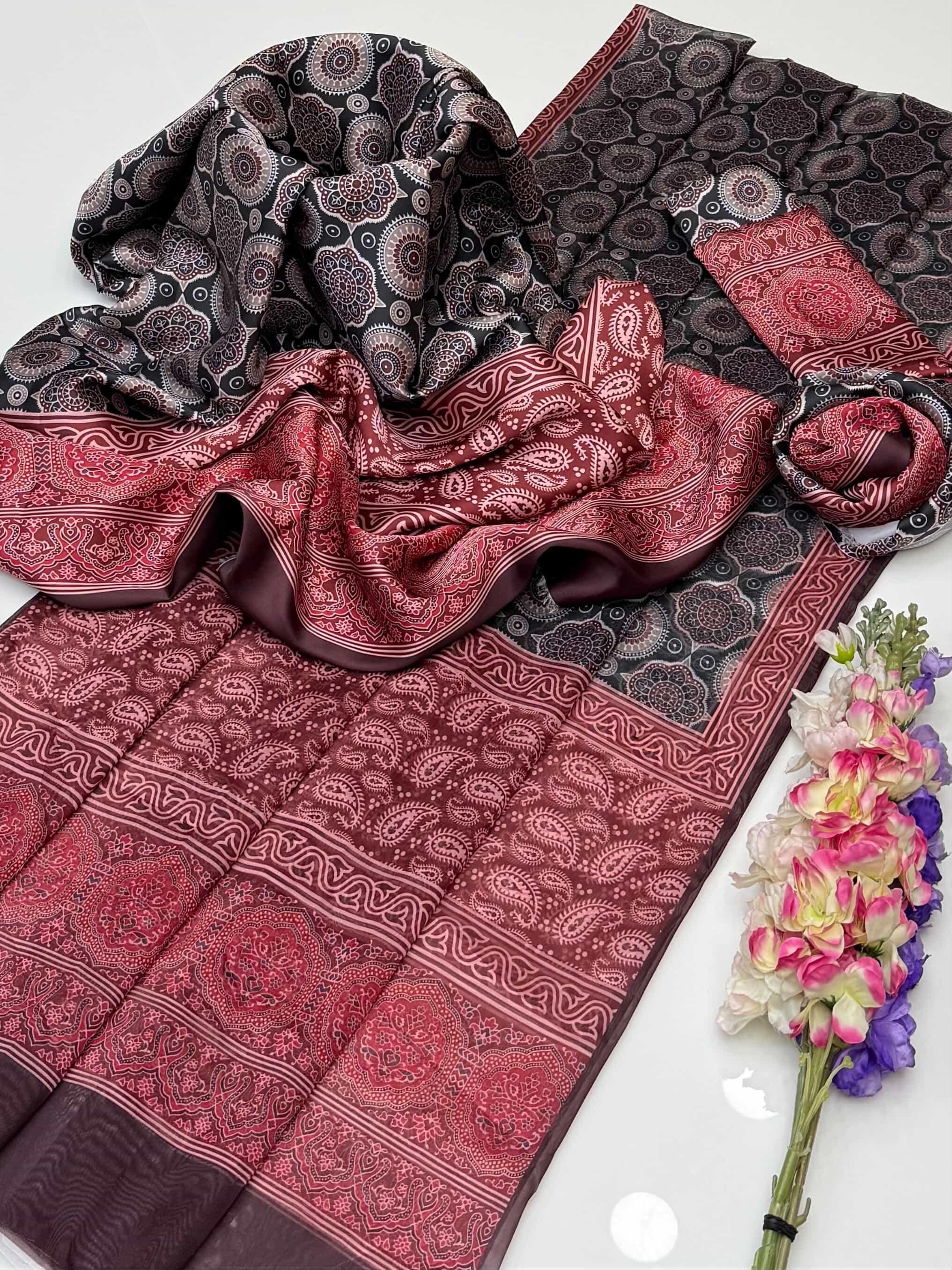 Silk AllOver Chunri Digital Print , 3Pc UnStitched Dress.