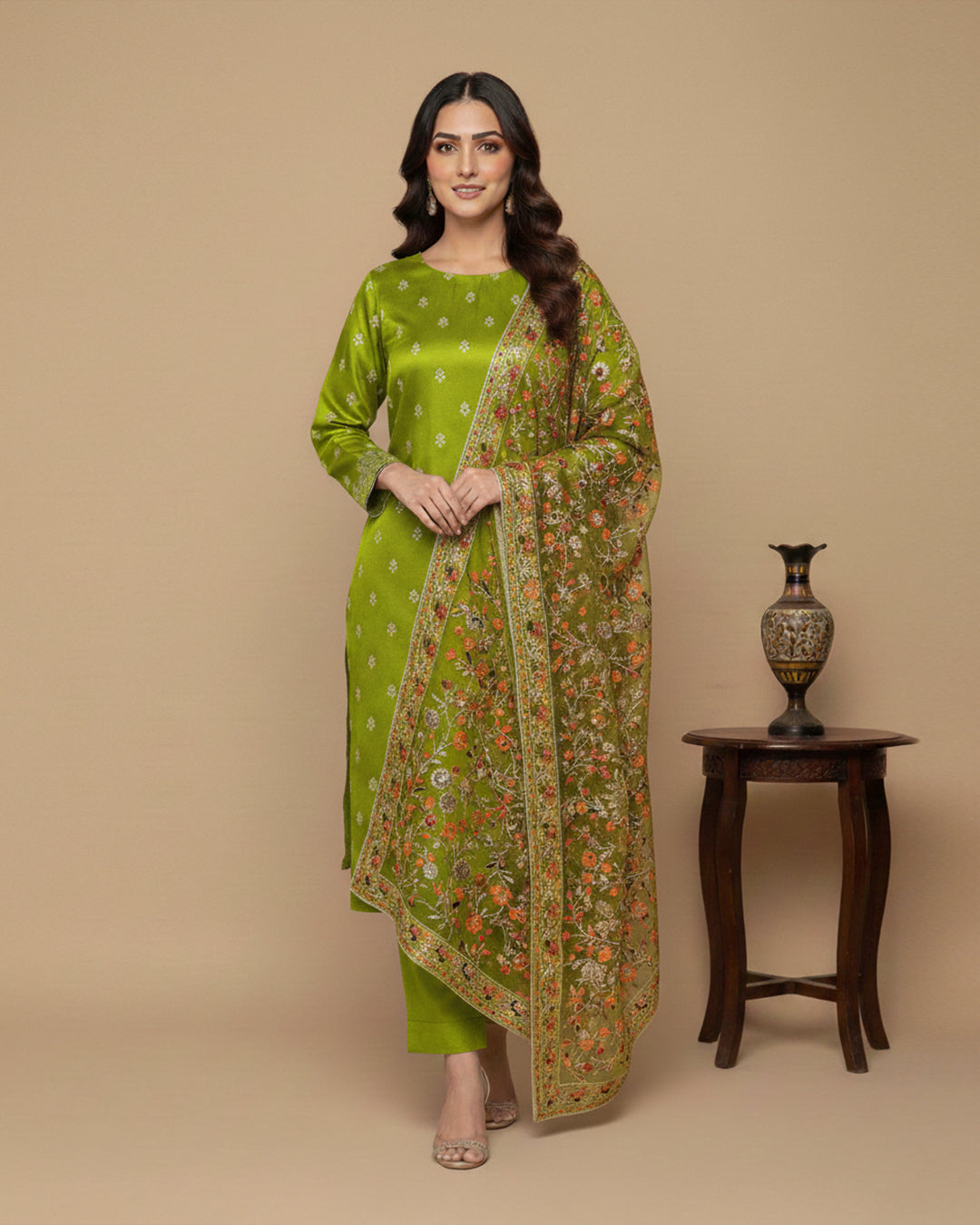 Luxury Shamoz Silk Zari Tilla Embroidered 3-Piece Suit