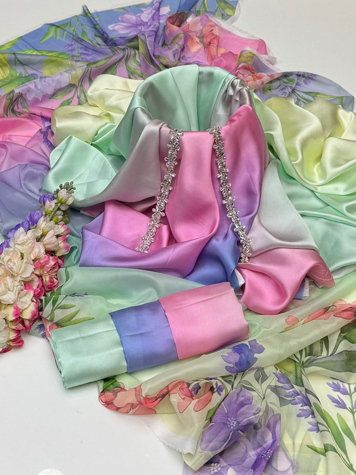 Digital Print & Stone Paste Work , 3Pc UnStitched Dress