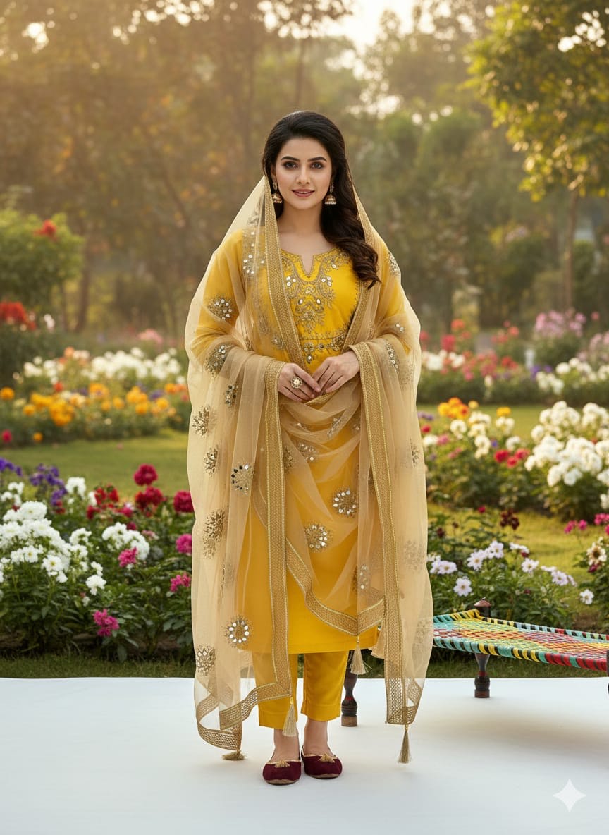 Katan Silk Real Mirror Work Embroidery , 3Pc UnStitched Dress.