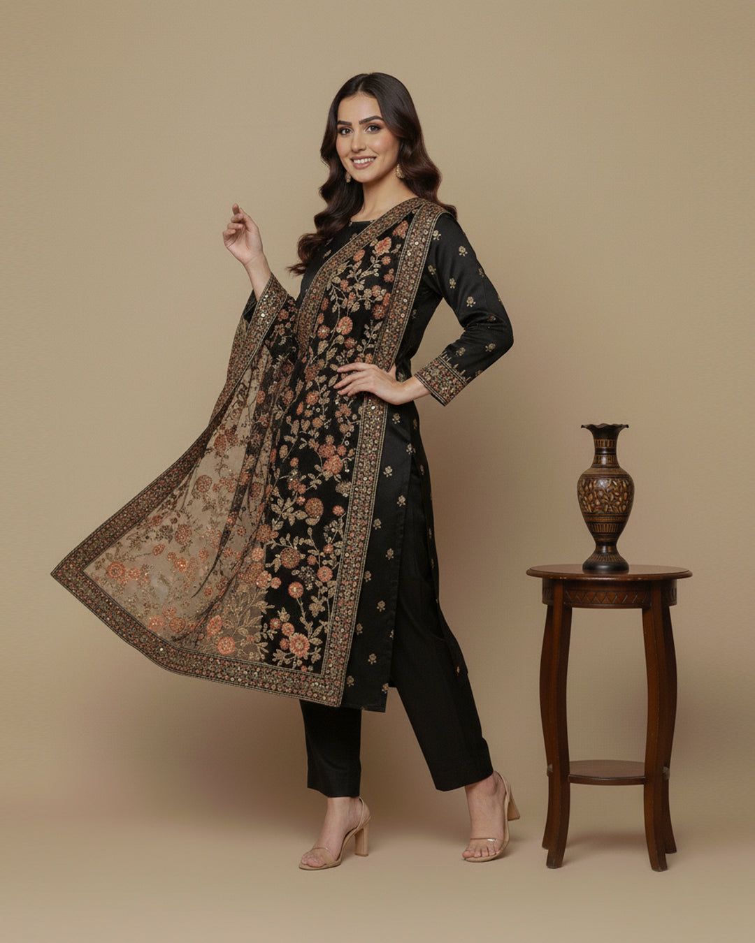 Luxury Shamoz Silk Zari Tilla Embroidered 3-Piece Suit