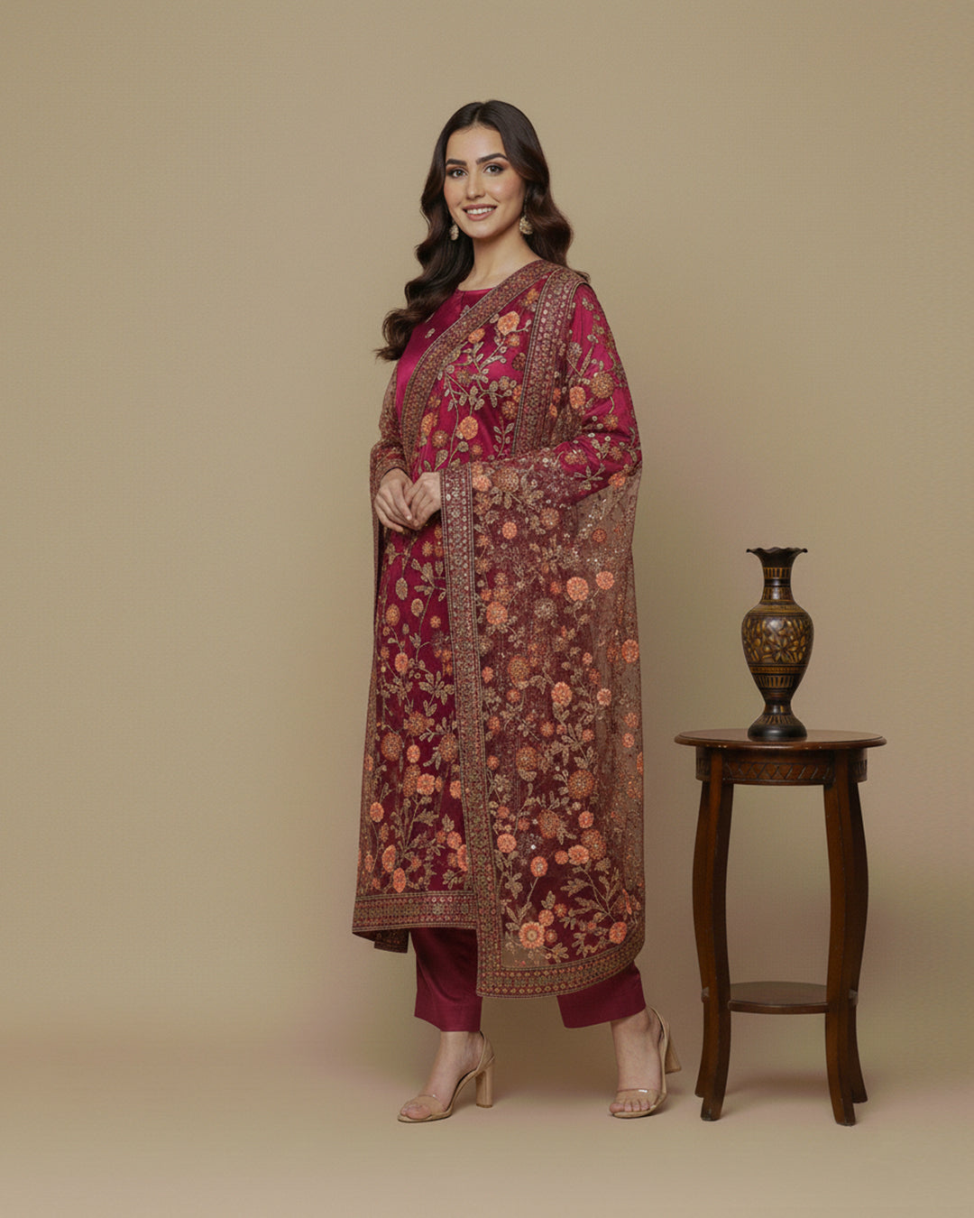 Luxury Shamoz Silk Zari Tilla Embroidered 3-Piece Suit