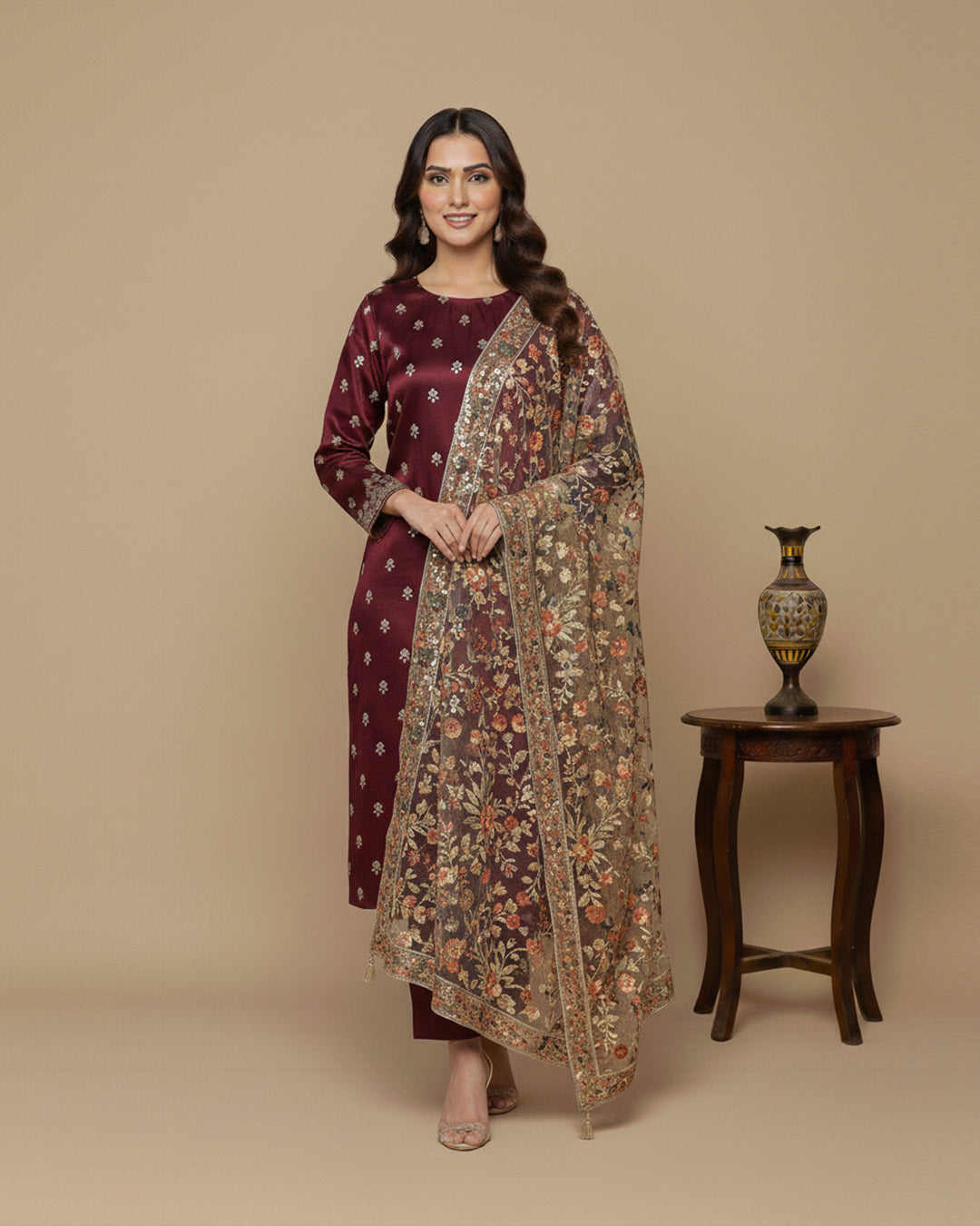 Luxury Shamoz Silk Zari Tilla Embroidered 3-Piece Suit