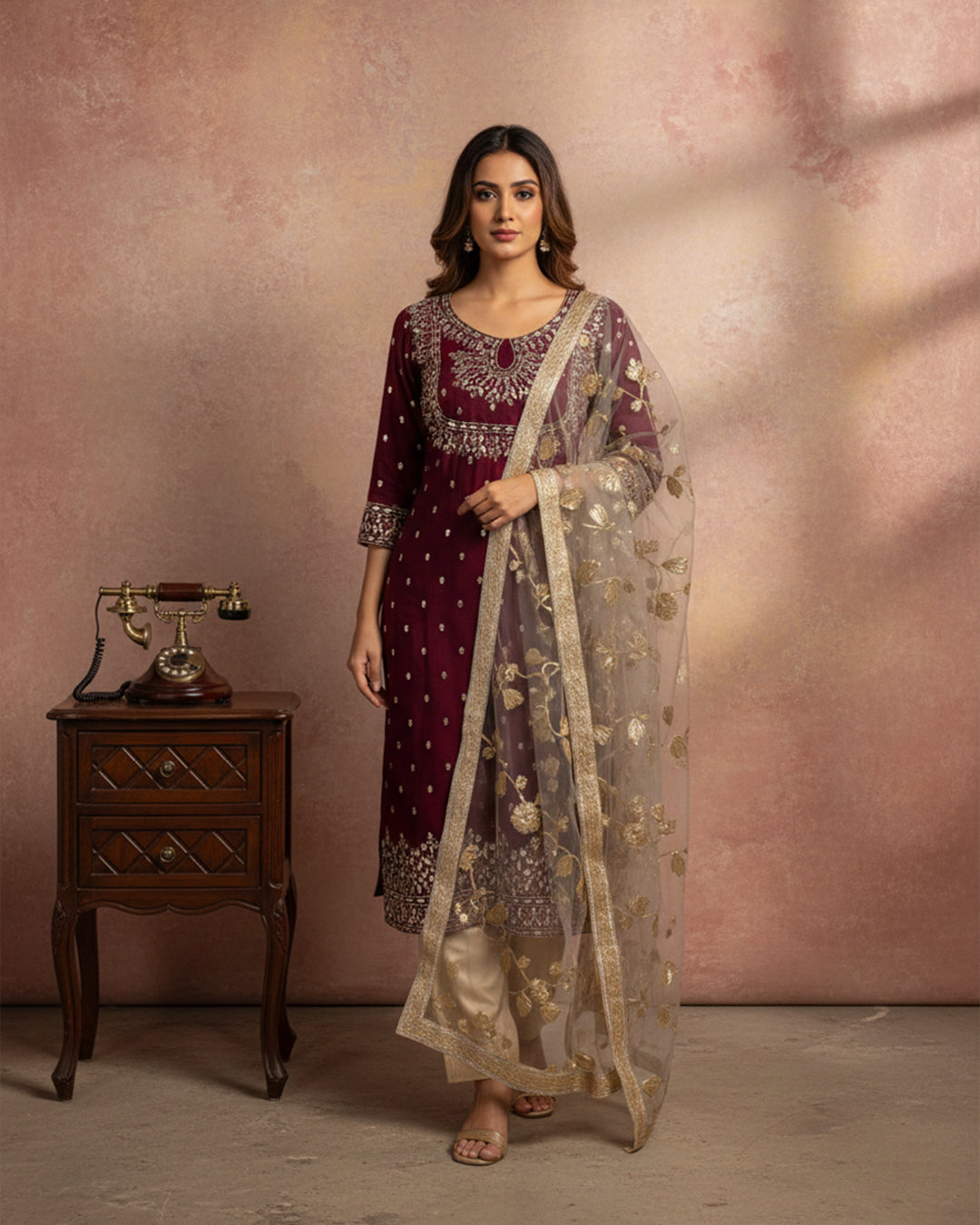 Fancy Crinkle Chiffon Zari Mirror Work