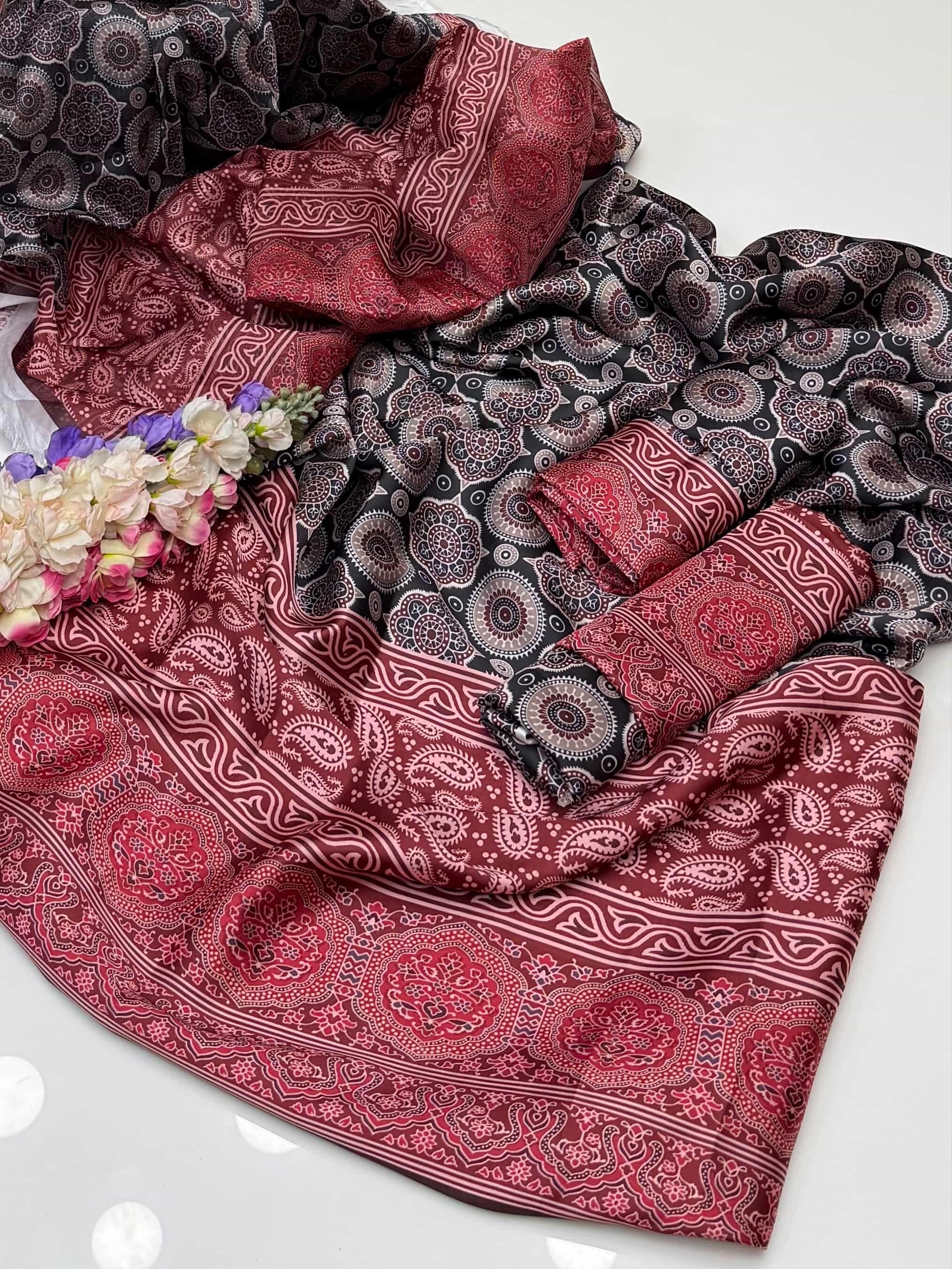 Silk AllOver Chunri Digital Print , 3Pc UnStitched Dress.