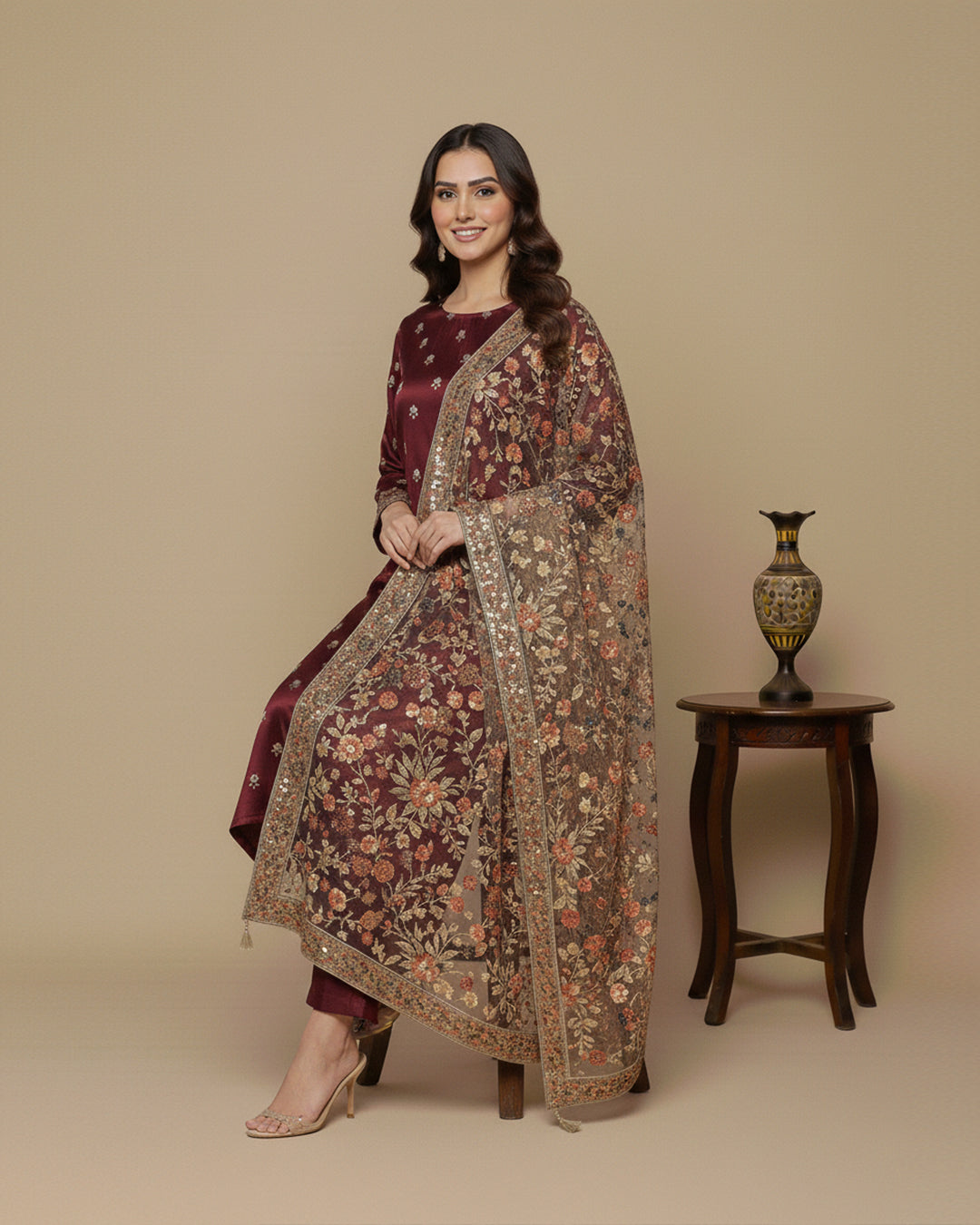 Luxury Shamoz Silk Zari Tilla Embroidered 3-Piece Suit