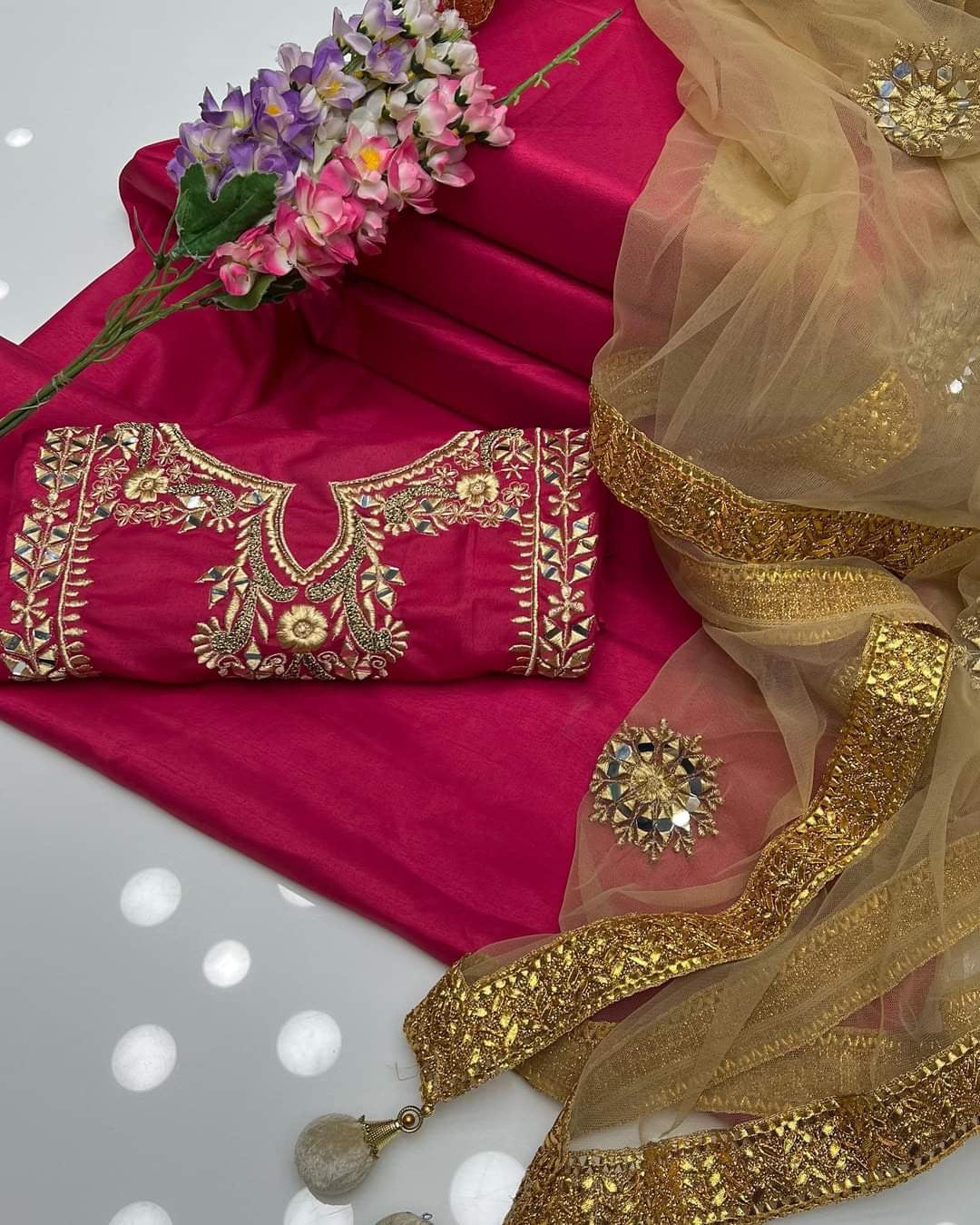 Katan Silk Real Mirror Work Embroidery , 3Pc UnStitched Dress.