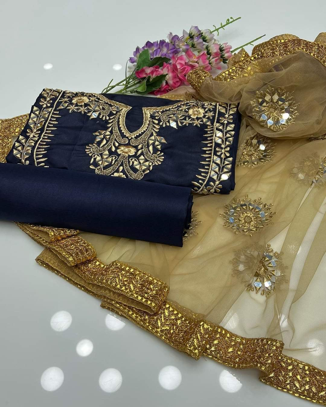 Katan Silk Real Mirror Work Embroidery , 3Pc UnStitched Dress.