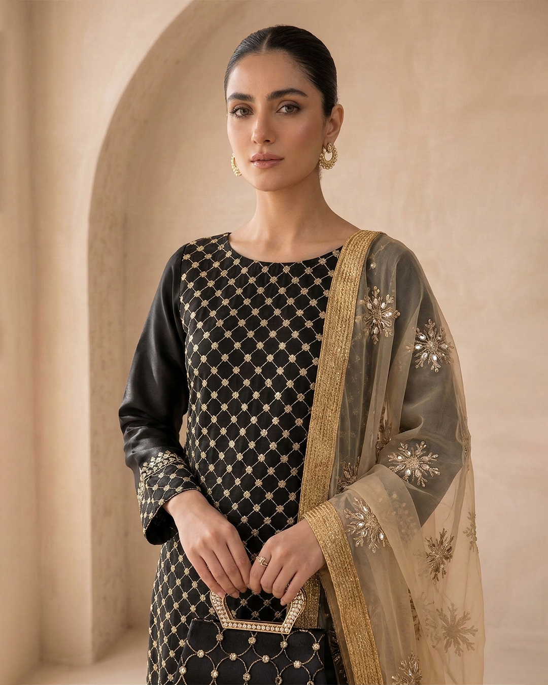 Amber Radiance Mirror-Work Chiffon &Net Ensemble