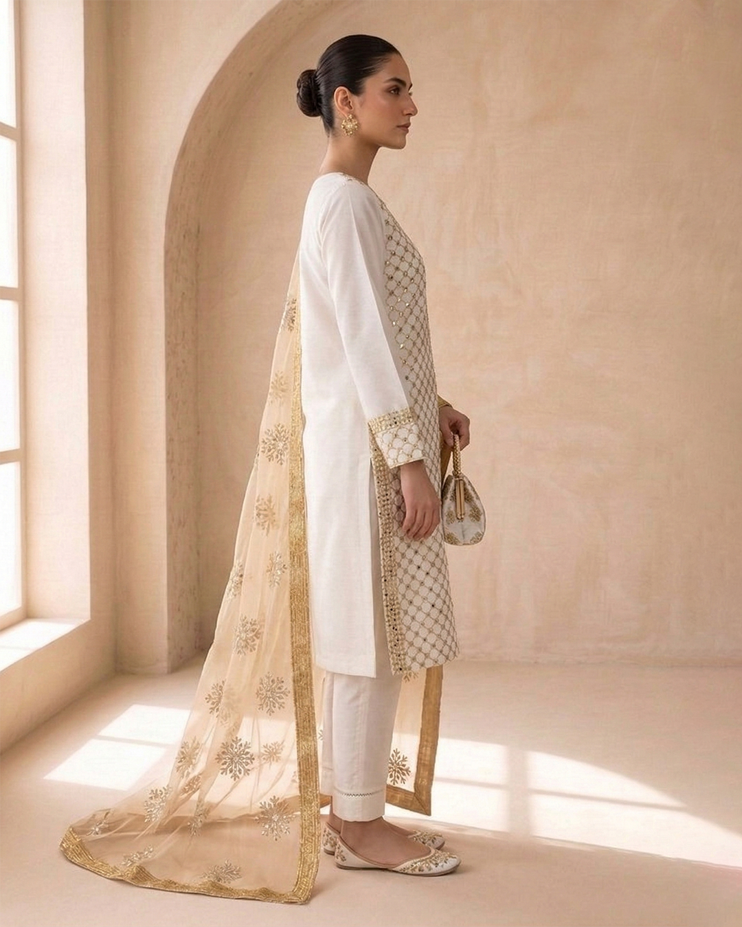 Amber Radiance Mirror-Work Chiffon &Net Ensemble