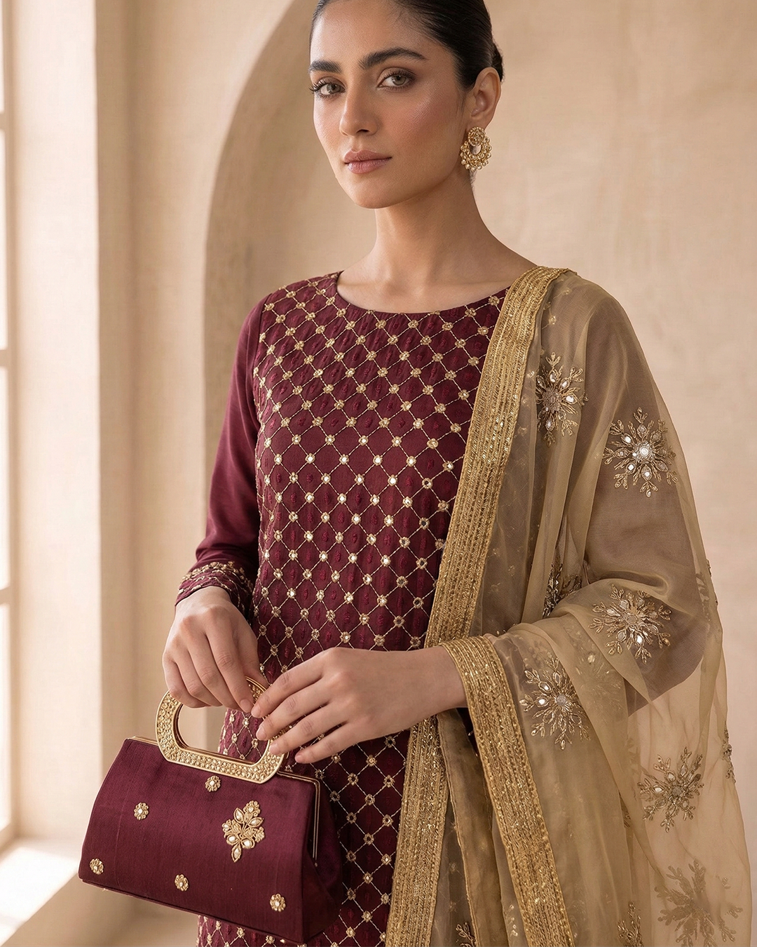 Amber Radiance Mirror-Work Chiffon &Net Ensemble
