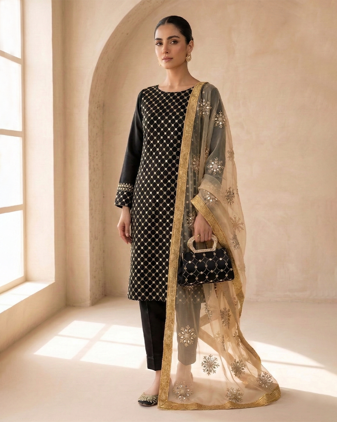 Amber Radiance Mirror-Work Chiffon &Net Ensemble