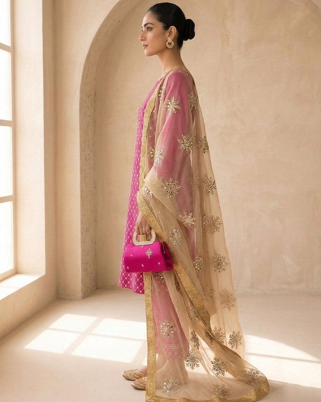 Amber Radiance Mirror-Work Chiffon &Net Ensemble