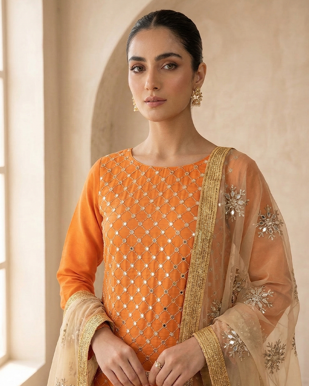 Amber Radiance Mirror-Work Chiffon &Net Ensemble