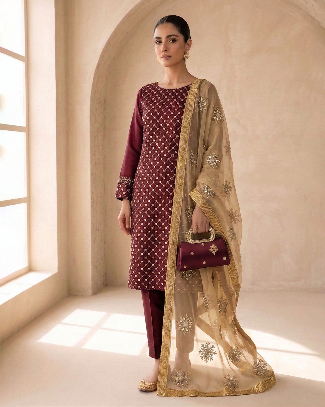Amber Radiance Mirror-Work Chiffon &Net Ensemble