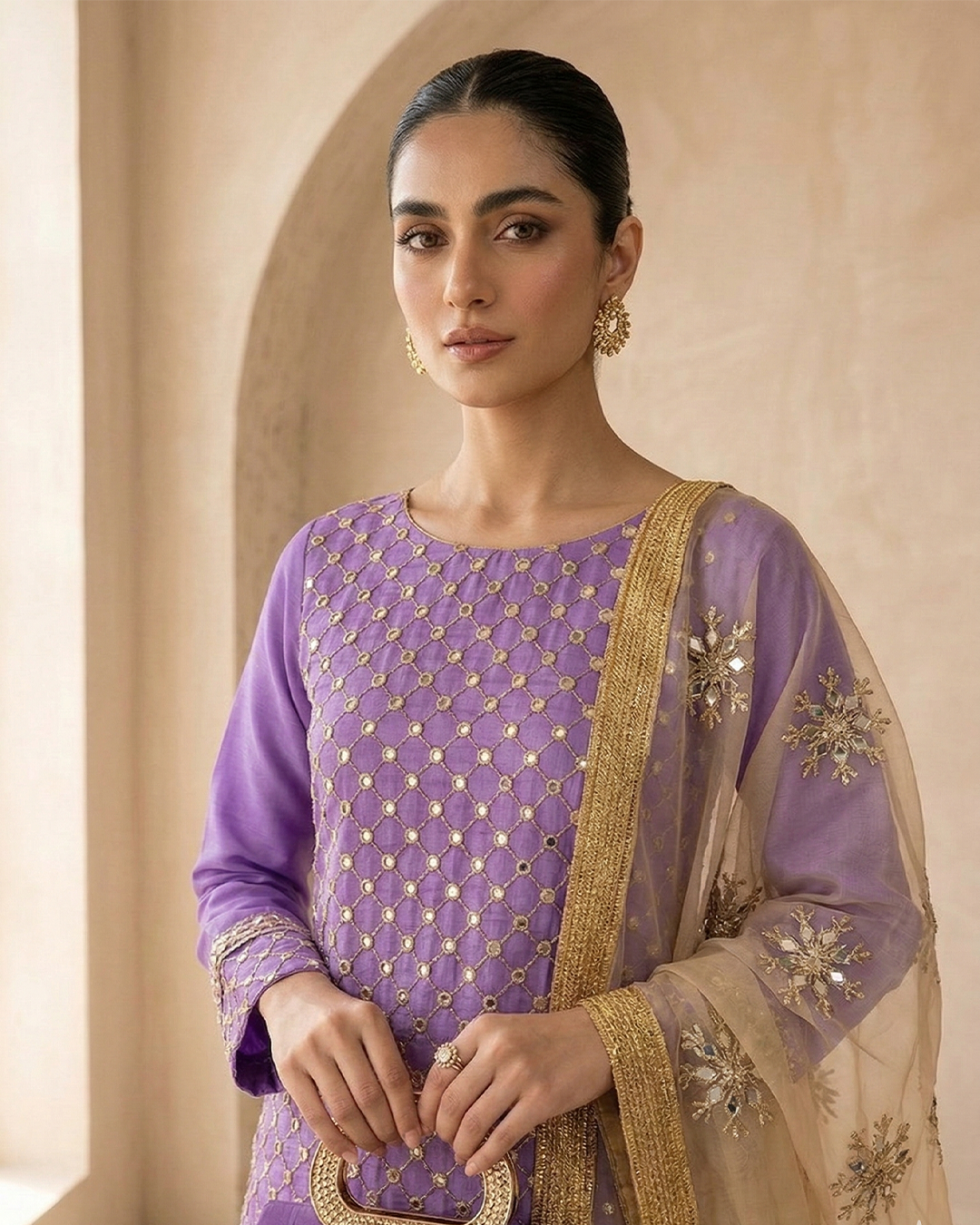 Amber Radiance Mirror-Work Chiffon &Net Ensemble