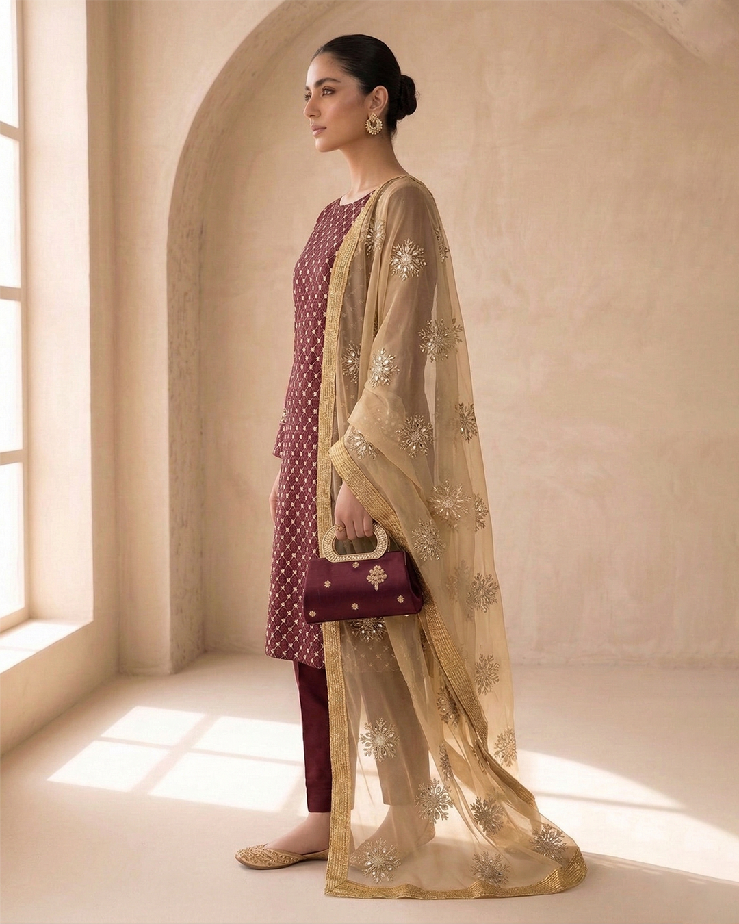 Amber Radiance Mirror-Work Chiffon &Net Ensemble