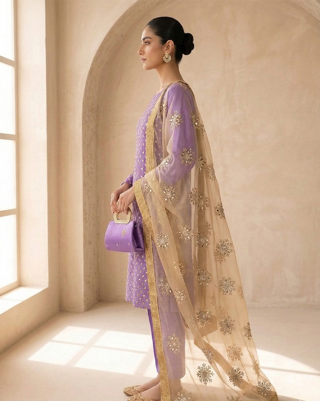 Amber Radiance Mirror-Work Chiffon &Net Ensemble