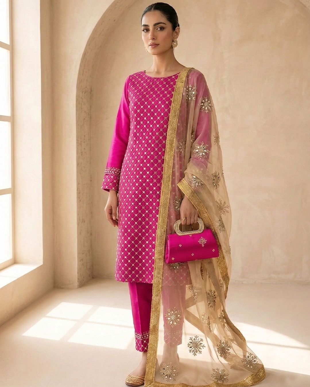 Amber Radiance Mirror-Work Chiffon &Net Ensemble