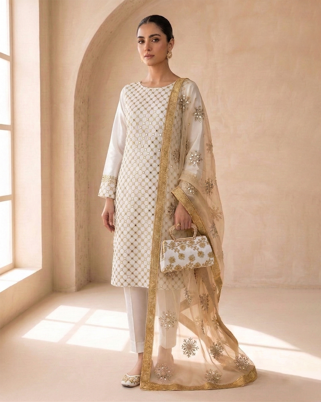 Amber Radiance Mirror-Work Chiffon &Net Ensemble