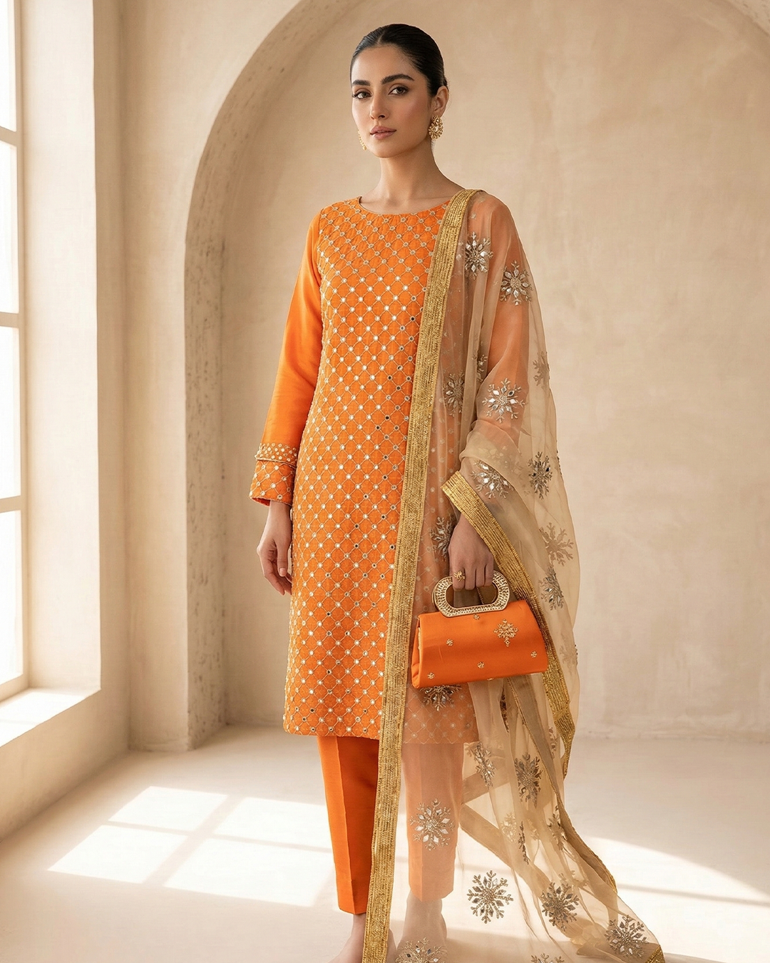 Amber Radiance Mirror-Work Chiffon &Net Ensemble