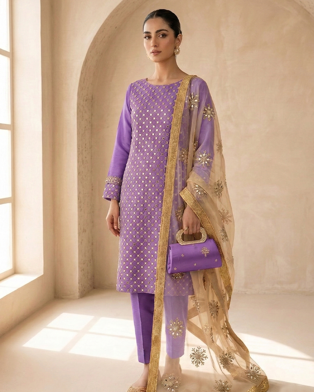 Amber Radiance Mirror-Work Chiffon &Net Ensemble