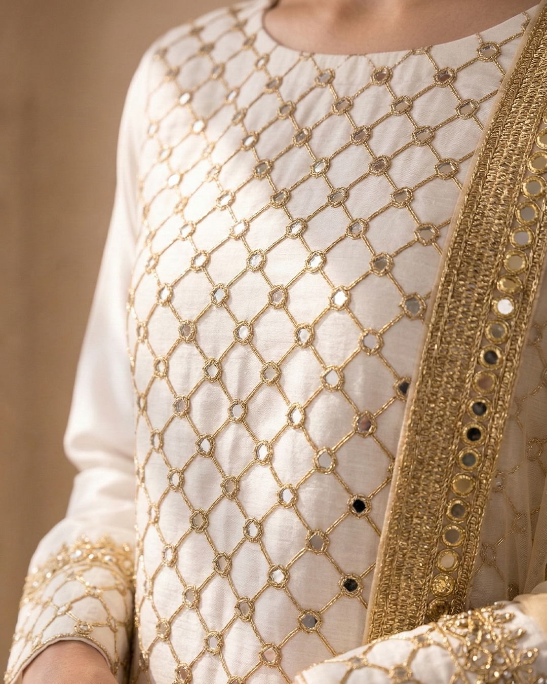 Amber Radiance Mirror-Work Chiffon &Net Ensemble