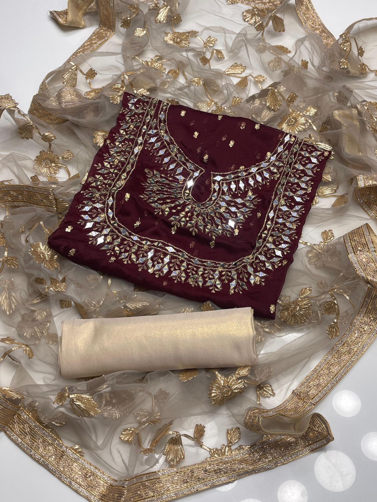 Fancy Crinkle Chiffon Zari Mirror Work