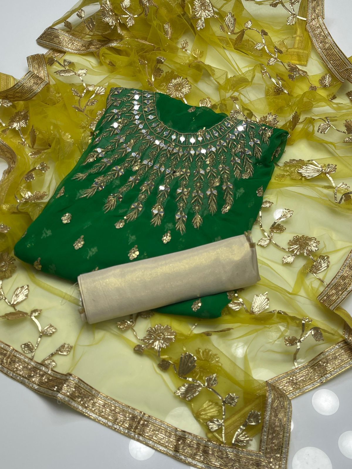 Fancy Crinkle Chiffon Zari Mirror Work