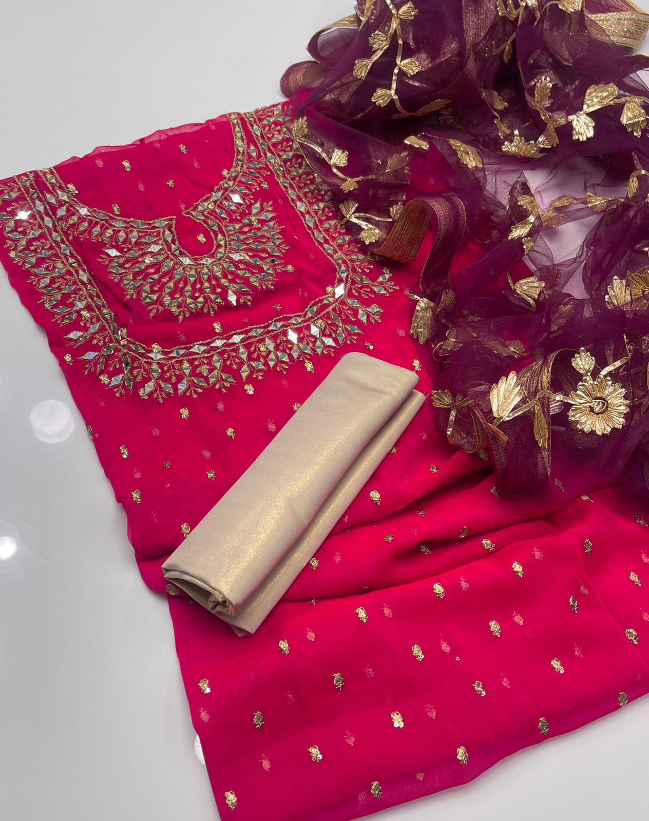 Fancy Crinkle Chiffon Zari Mirror Work