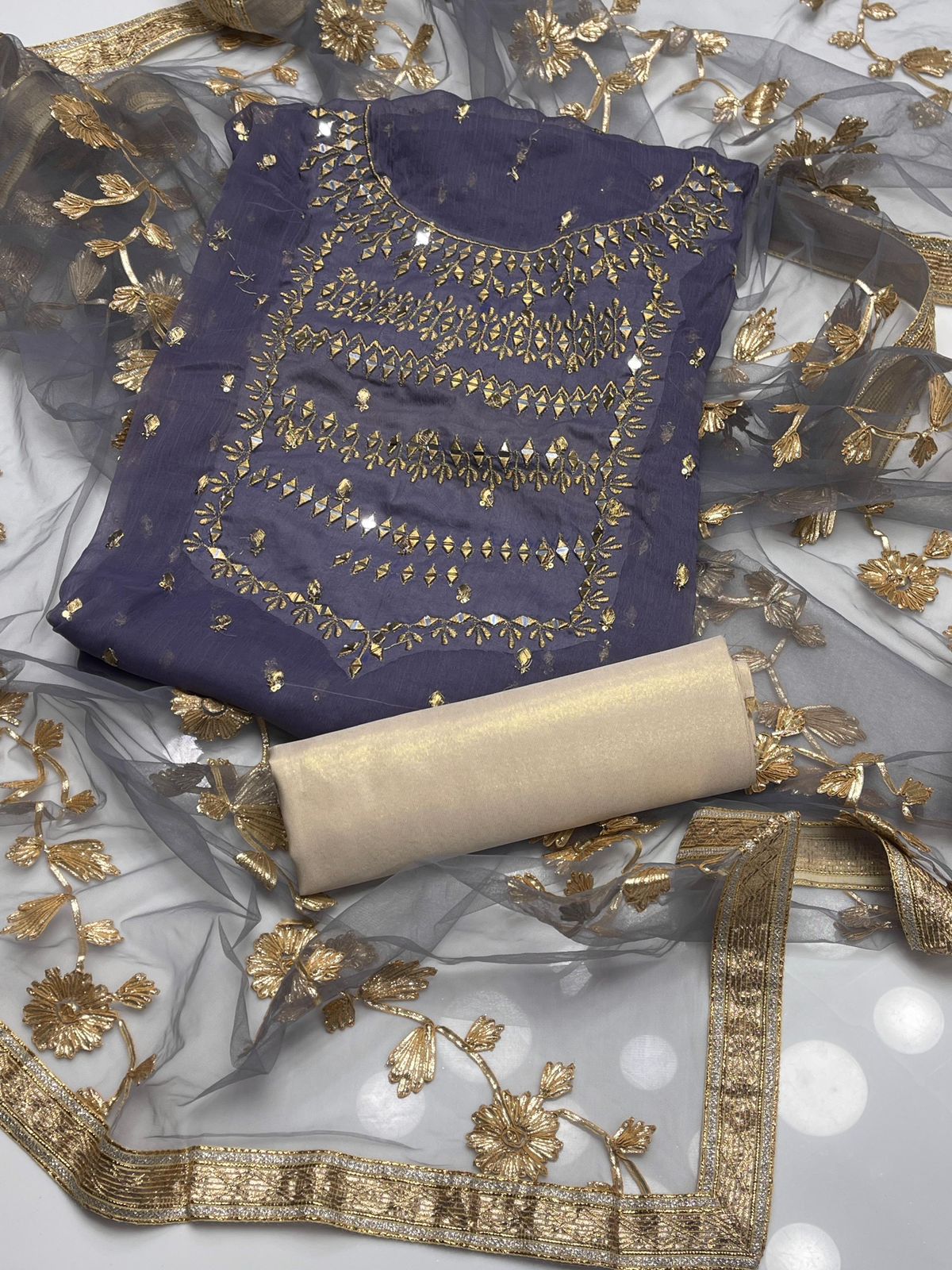 Fancy Crinkle Chiffon Zari Mirror Work