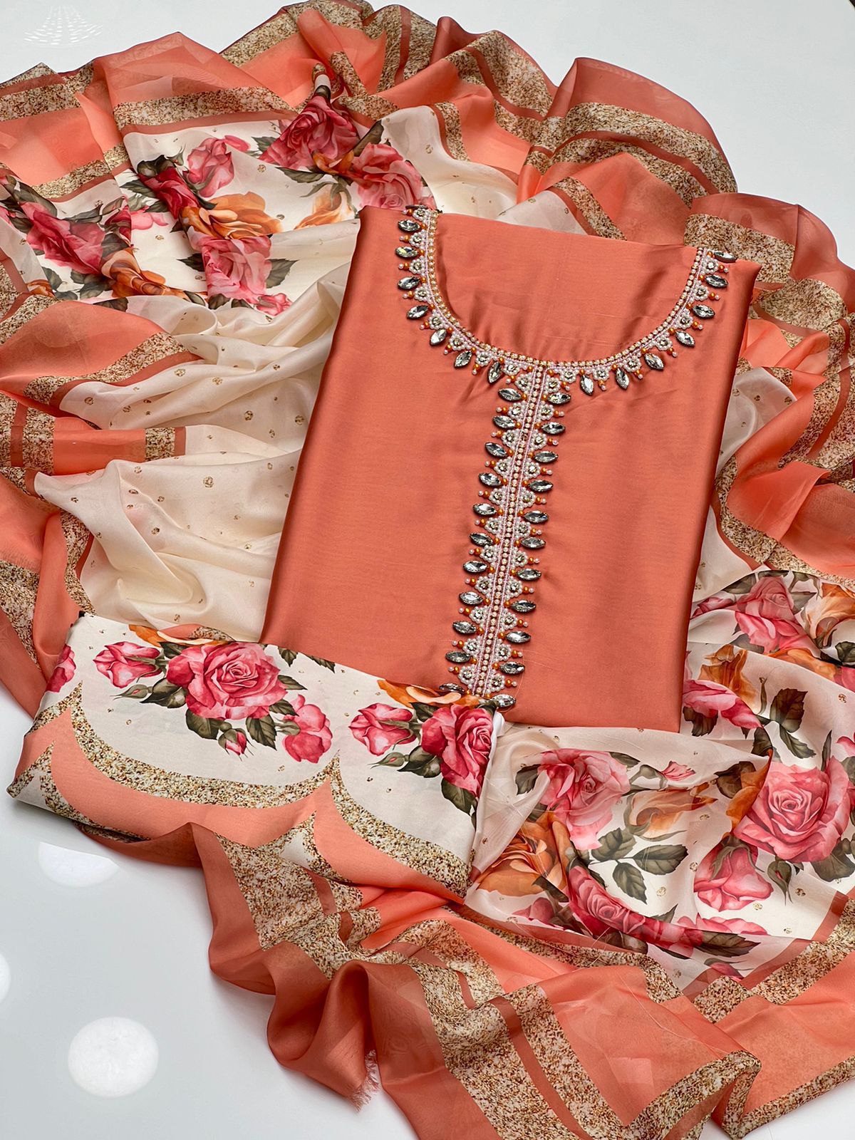 Embellished Peach Silk Suit