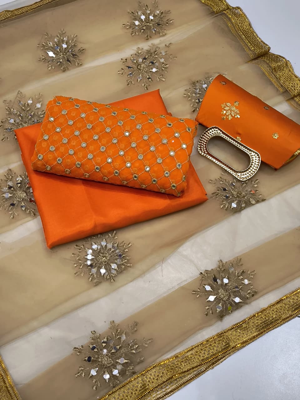 Amber Radiance Mirror-Work Chiffon &Net Ensemble