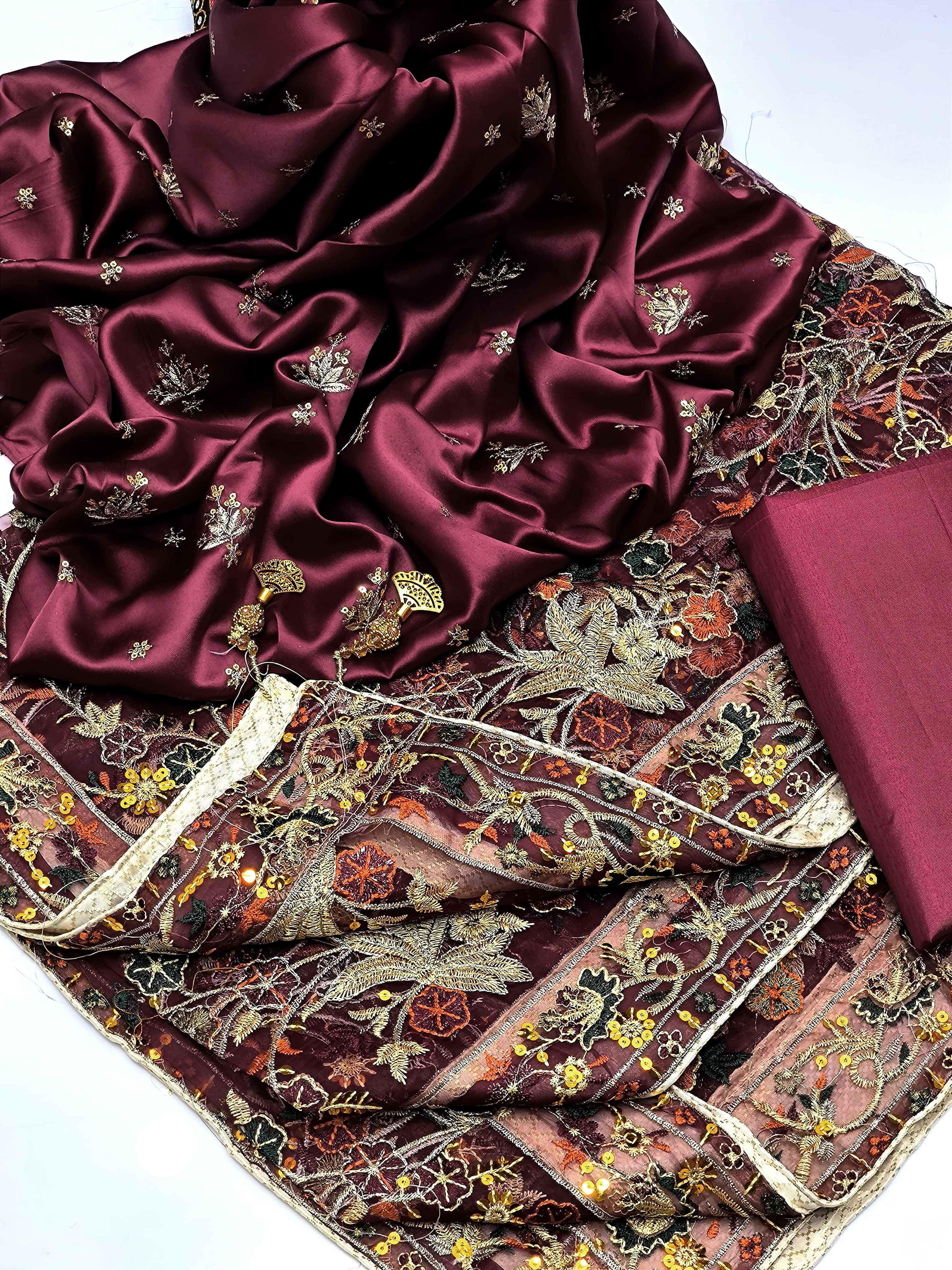 Luxury Shamoz Silk Zari Tilla Embroidered 3-Piece Suit