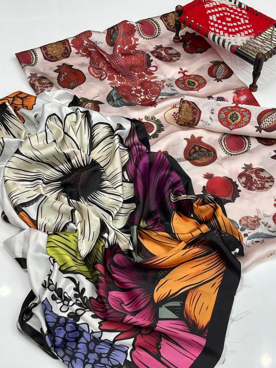 Pomegranate Bloom Digital Printed Shamoze Silk