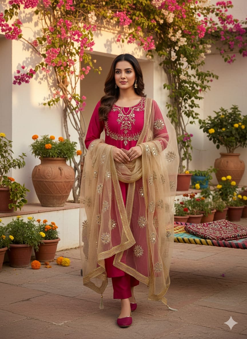 Katan Silk Real Mirror Work Embroidery , 3Pc UnStitched Dress.