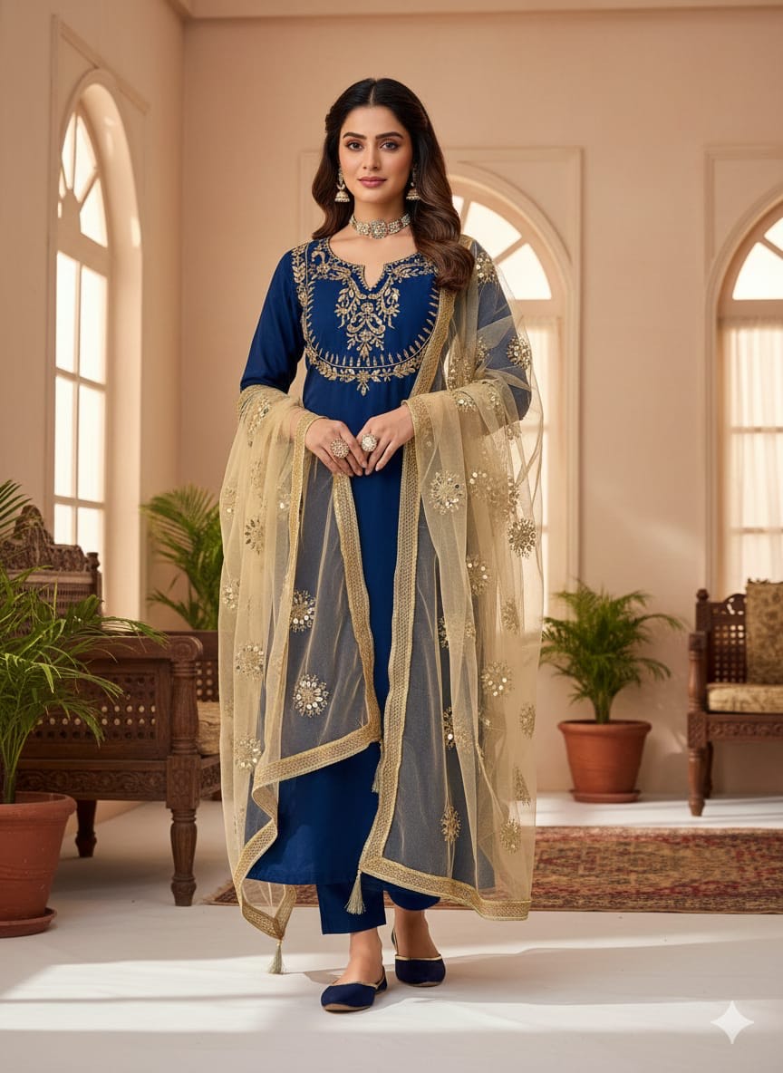 Katan Silk Real Mirror Work Embroidery , 3Pc UnStitched Dress.