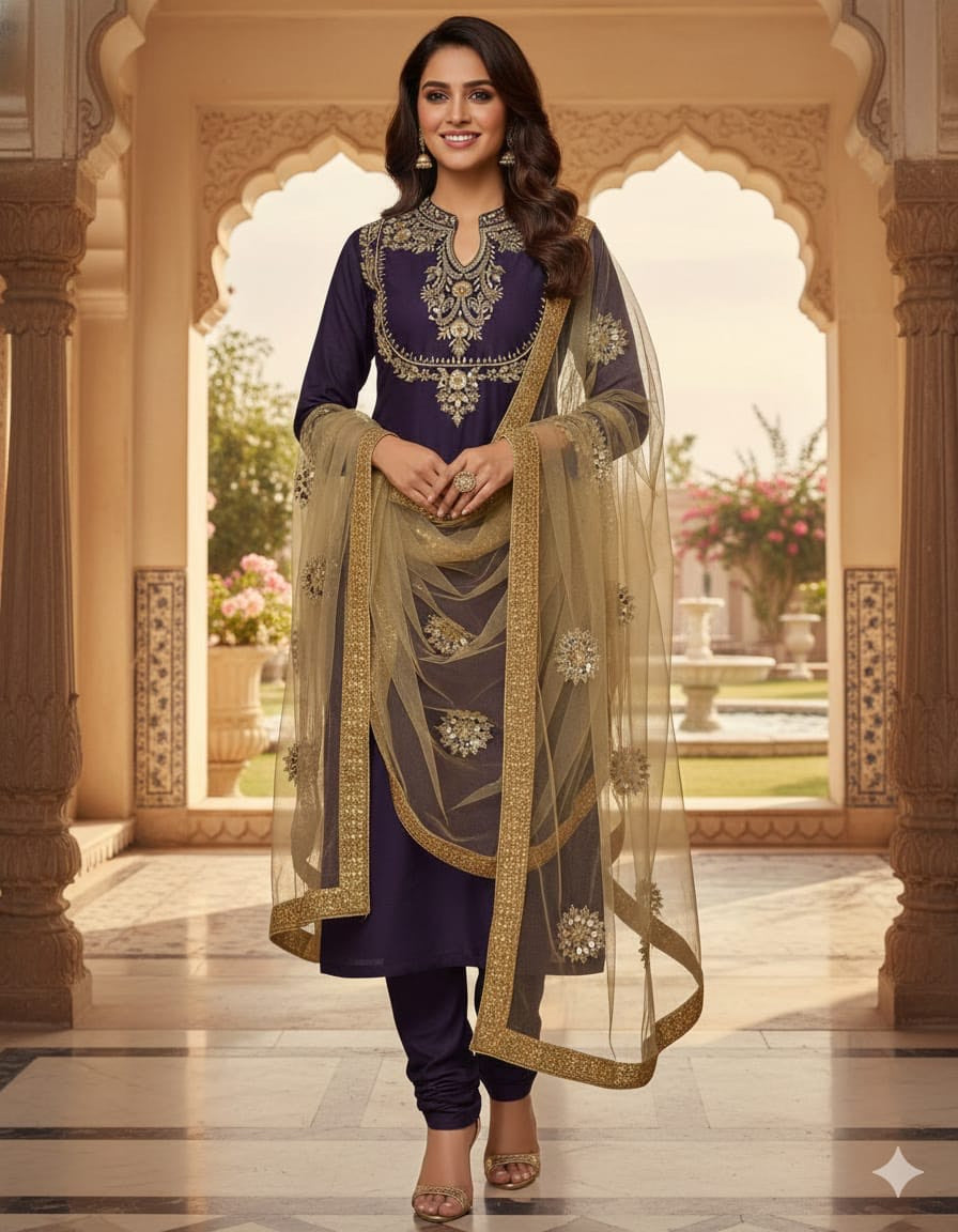 Katan Silk Real Mirror Work Embroidery , 3Pc UnStitched Dress.