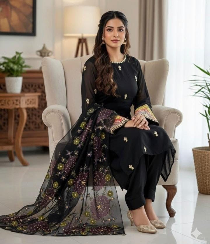 Organza Fabric Hand Embroidery 2Pc UnStitched Dress