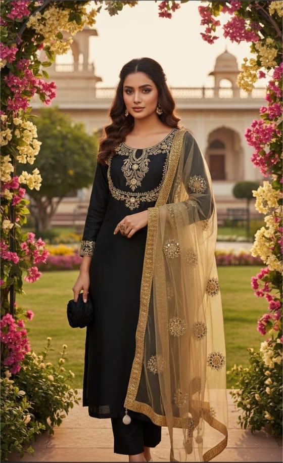 Katan Silk Real Mirror Work Embroidery , 3Pc UnStitched Dress.